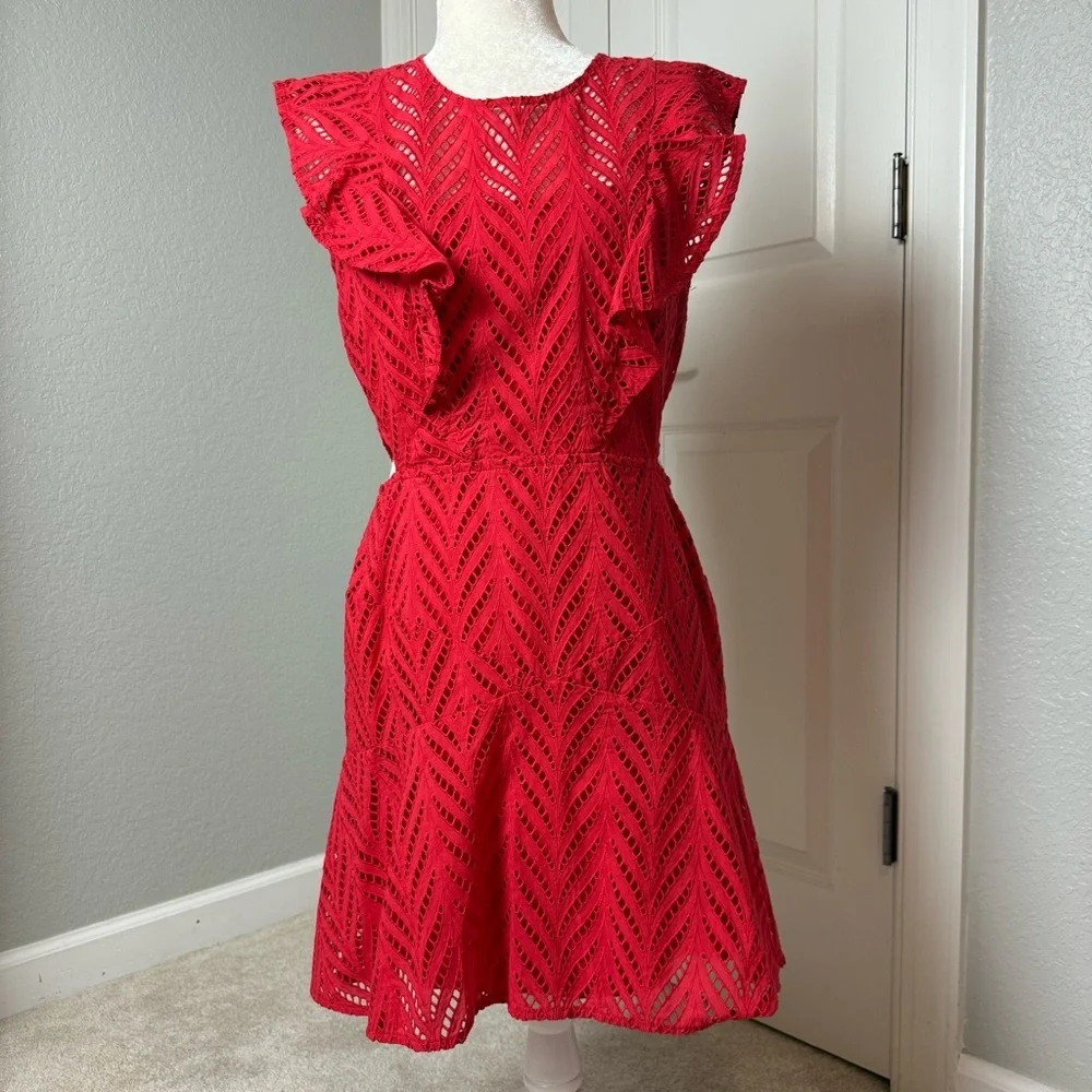 Bardot Kira Red Eyelet Ruffle Dress Size 10/L - Picture 7 of 14